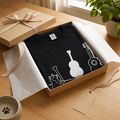 ハスキーとギター影アート 白Tシャツ｜音楽好きに人気｜InuJoy
