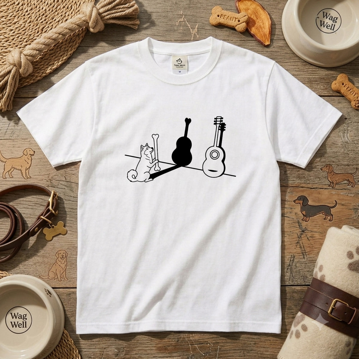ハスキーとギター影アート 白Tシャツ｜音楽好きに人気｜InuJoy