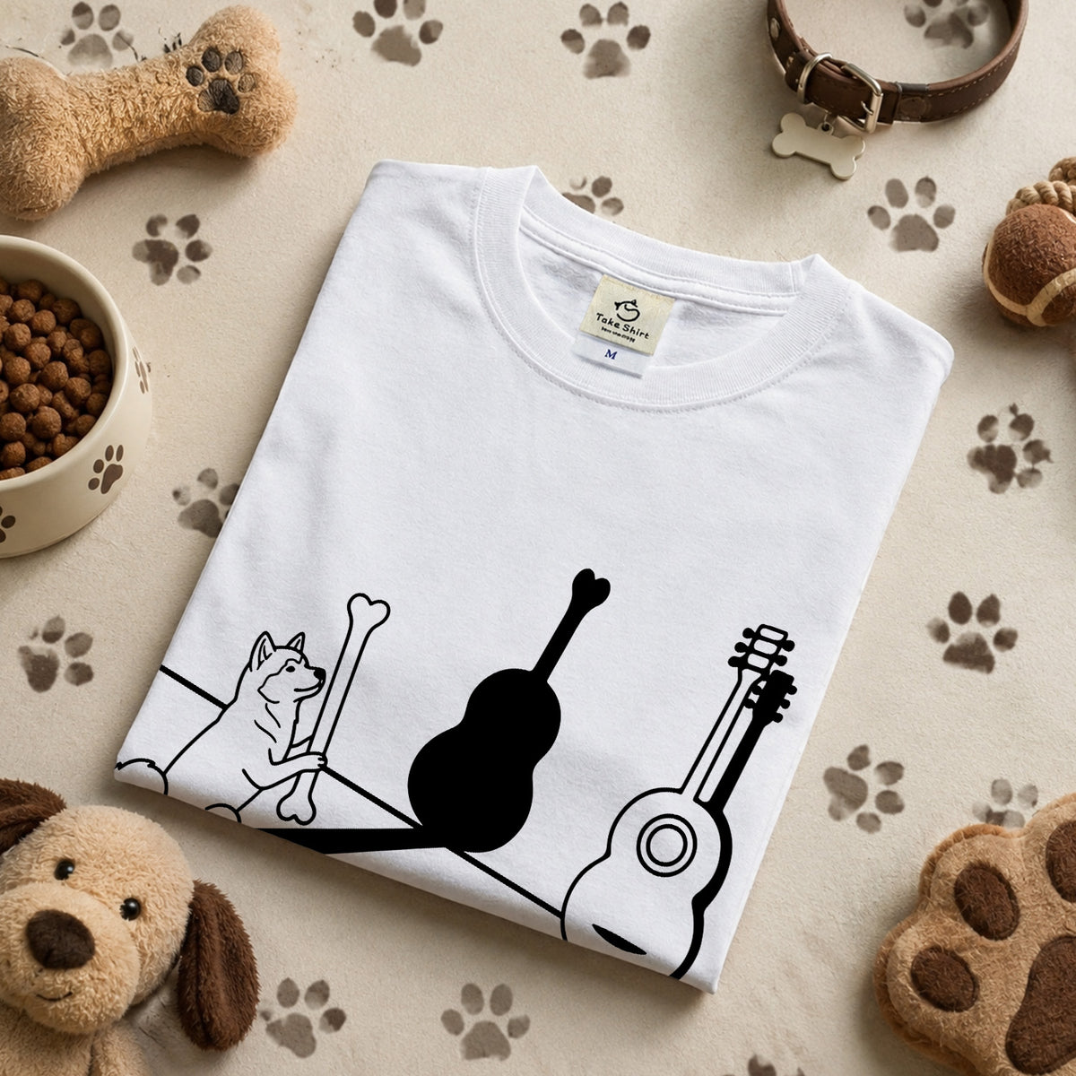 ハスキーとギター影アート 白Tシャツ｜音楽好きに人気｜InuJoy