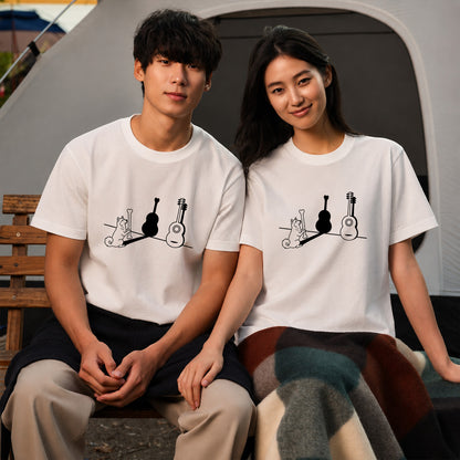 ハスキーとギター影アート 白Tシャツ｜音楽好きに人気｜InuJoy