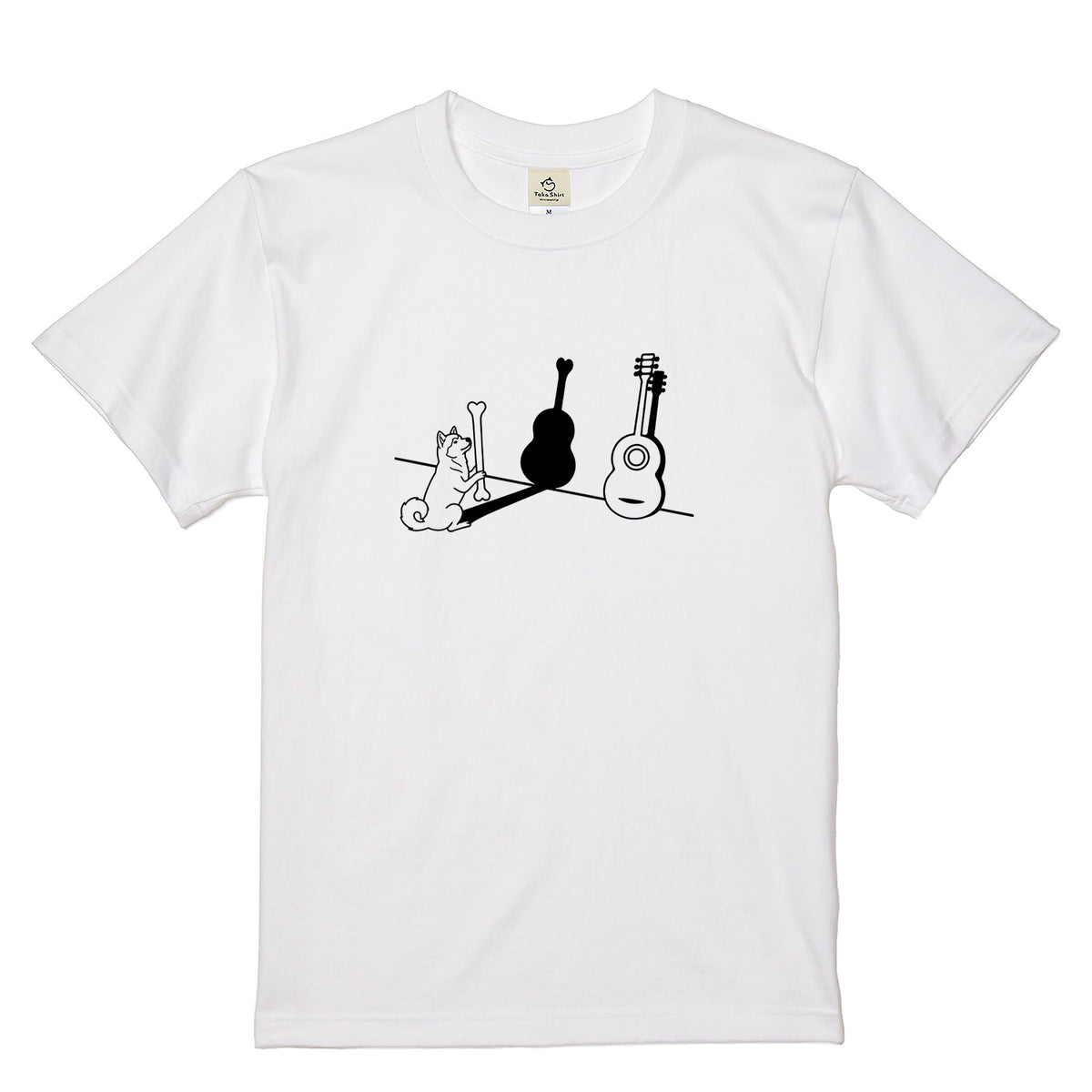 ハスキーとギター影アート 白Tシャツ｜音楽好きに人気｜InuJoy