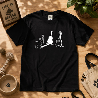 ハスキーとギター影アート 白Tシャツ｜音楽好きに人気｜InuJoy