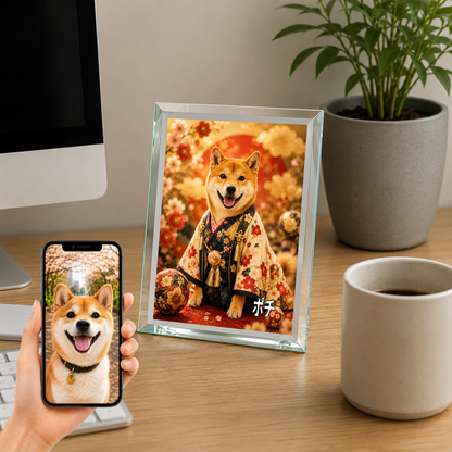 愛犬 写真入り 名入れ ガラスフォトパネル 豪華和装 月夜金彩 うちの子アート
