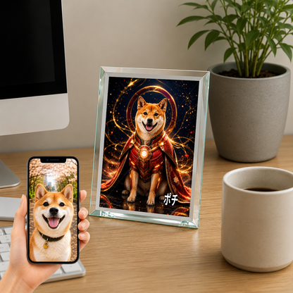愛犬 写真入り 名入れ ガラスフォトパネル パワードスーツ ヒーロー犬