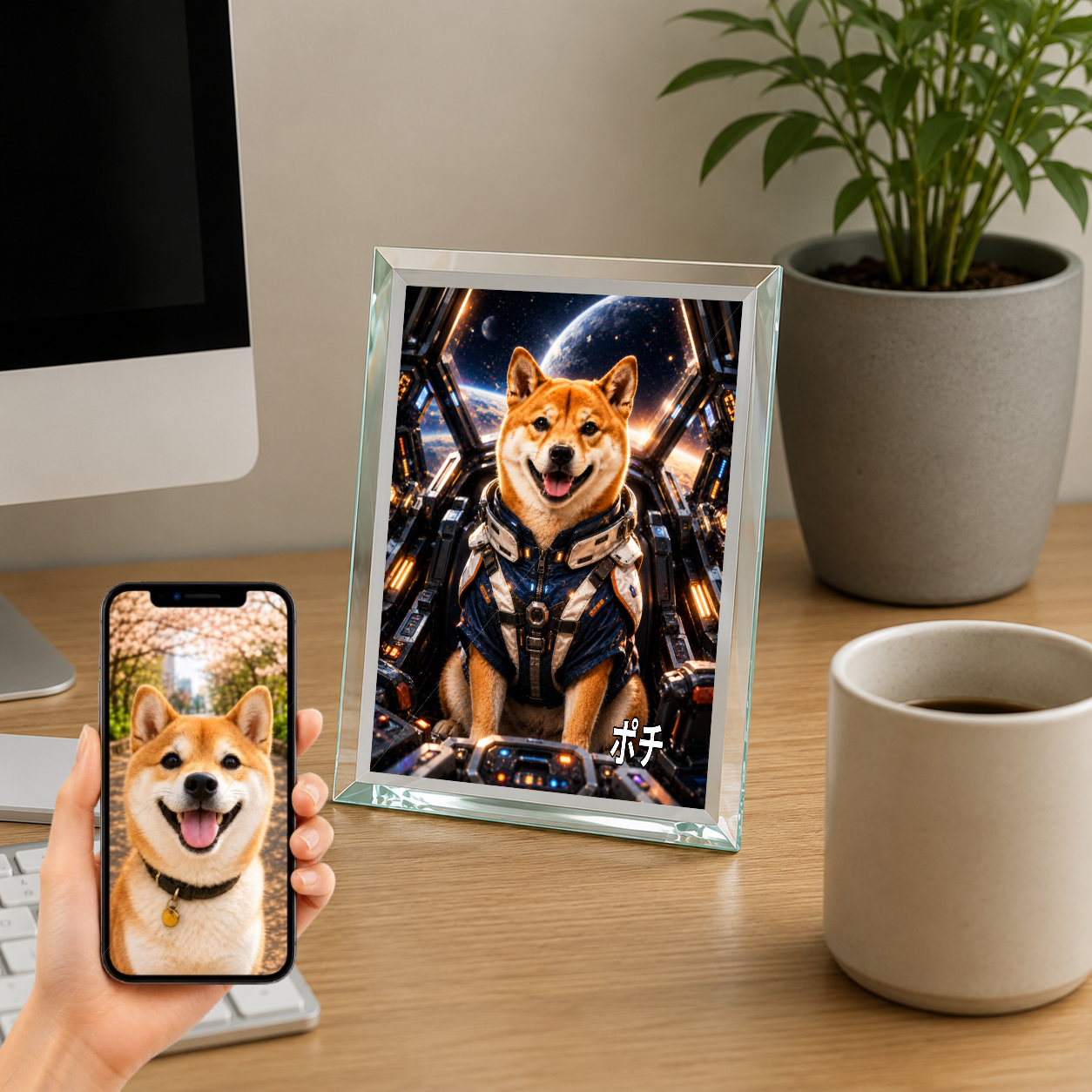 愛犬 写真入り 名入れ ガラスフォトパネル メカパイロット犬 SFアート