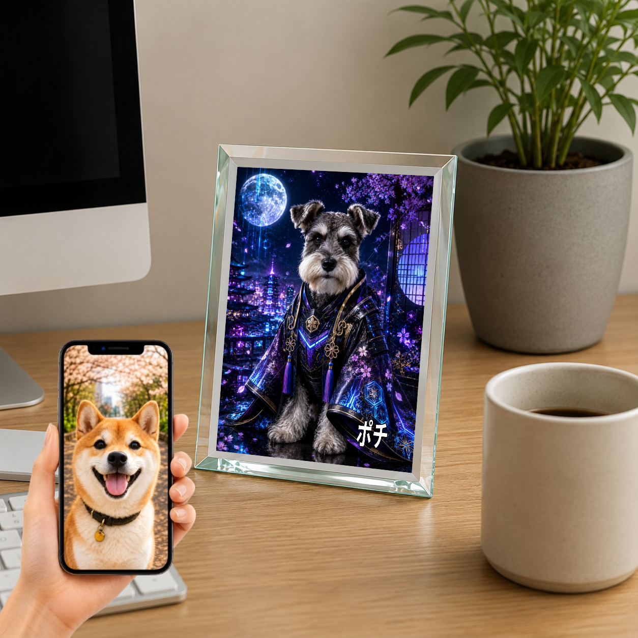愛犬 写真入り 名入れ ガラスフォトパネル サイバー侍犬 近未来和風