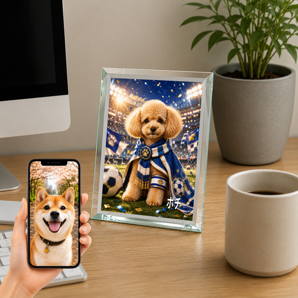 愛犬 写真入り 名入れ ガラスフォトパネル サッカーキャプテン犬