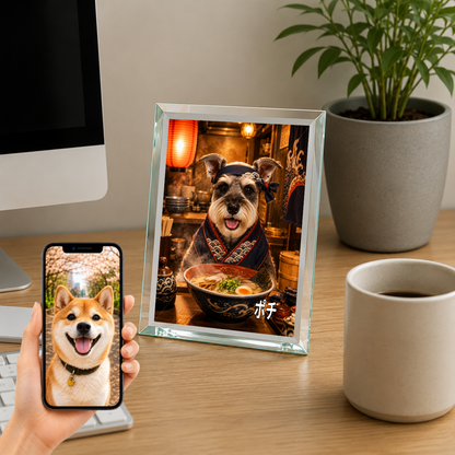 愛犬 写真入り 名入れ ガラスフォトパネル ラーメン職人犬
