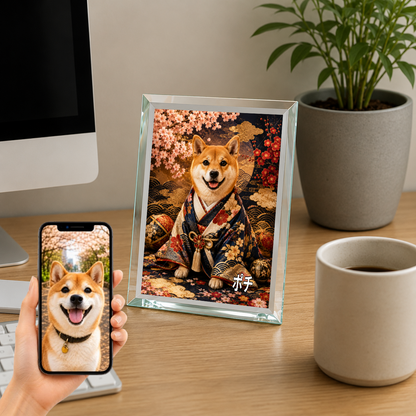 愛犬 写真入り 名入れ ガラスフォトパネル 豪華和装犬 高級うちの子アート
