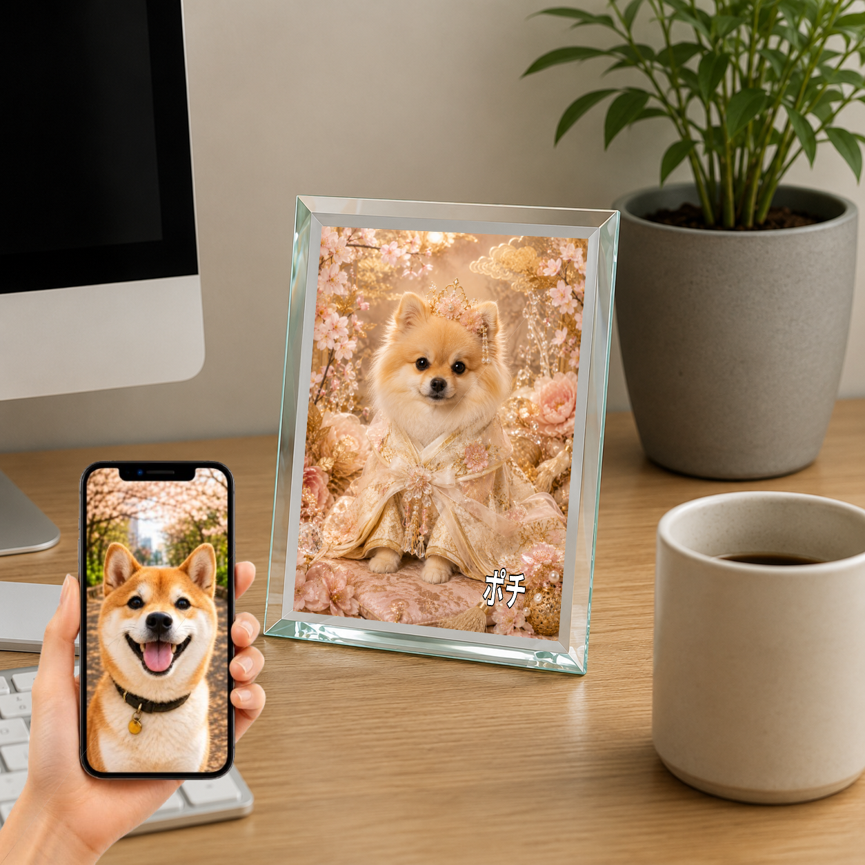 愛犬 写真入り 名入れ ガラスフォトパネル 姫さま犬 和風プリンセス