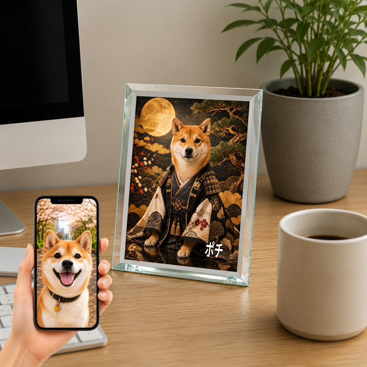 愛犬 写真入り 名入れ ガラスフォトパネル 侍犬 サムライ風アート