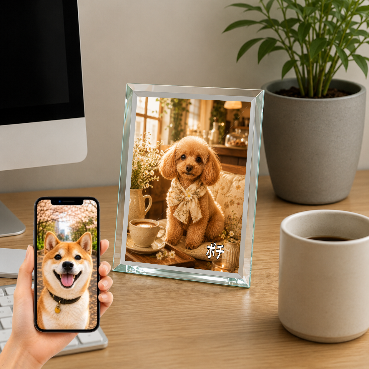愛犬 写真入り 名入れ ガラスフォトパネル カフェのうちの子