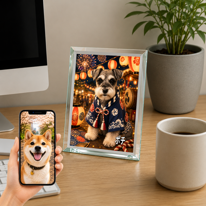 愛犬 写真入り 名入れ ガラスフォトパネル 夏祭り犬 浴衣風アート