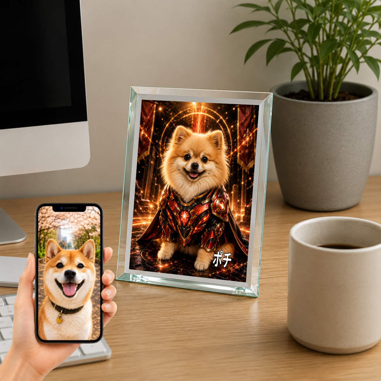 愛犬 写真入り 名入れ ガラスフォトパネル パワードスーツヒーロー犬