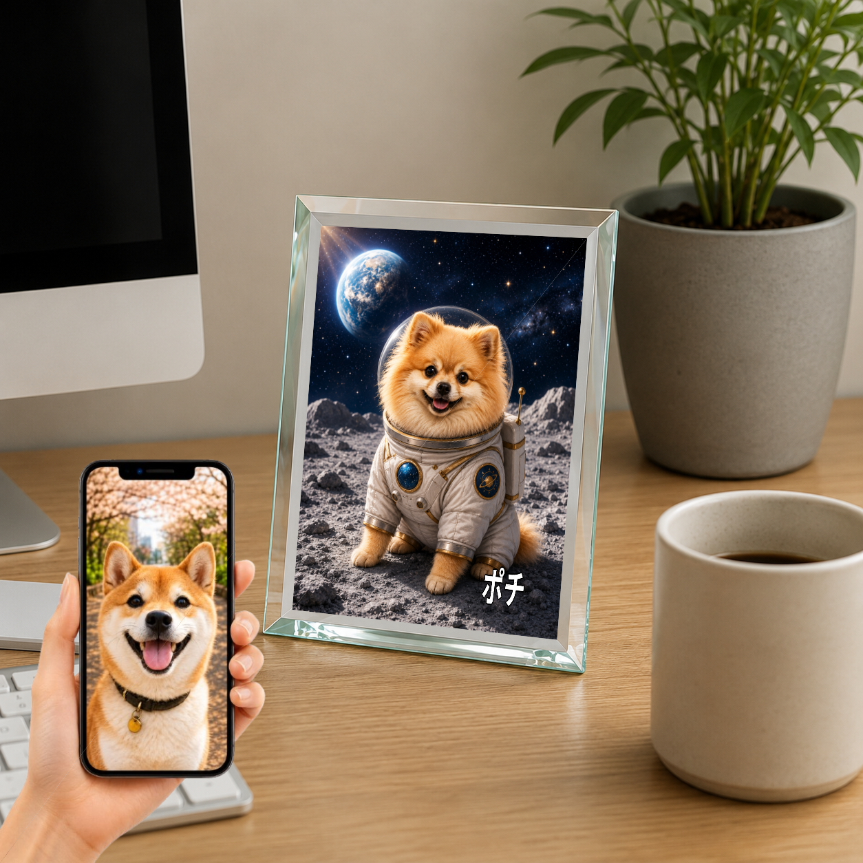 愛犬 写真入り 名入れ ガラスフォトパネル 宇宙飛行士犬 うちの子