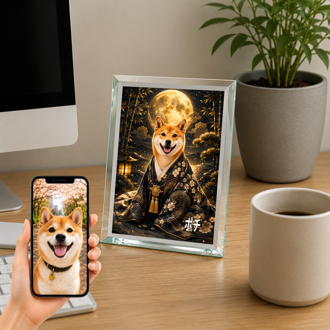 愛犬 写真入り 名入れ ガラスフォトパネル 月夜の守り犬 和風アート
