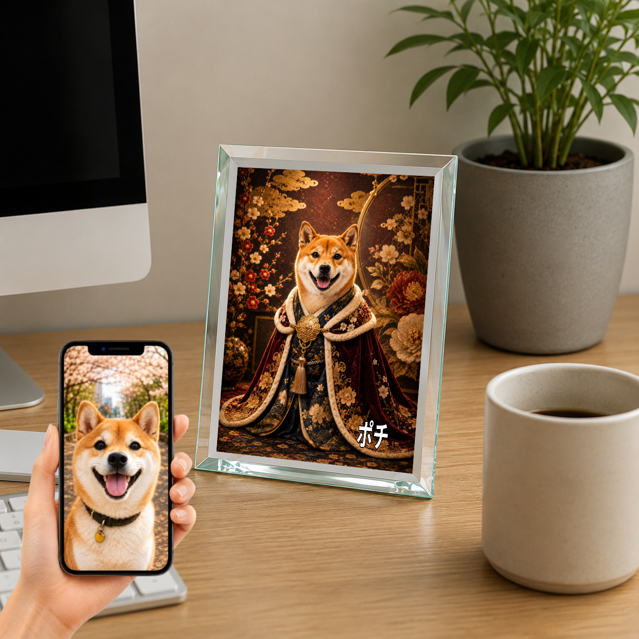 愛犬 写真入り 名入れ ガラスフォトパネル 王族ポートレート 和洋ミックス
