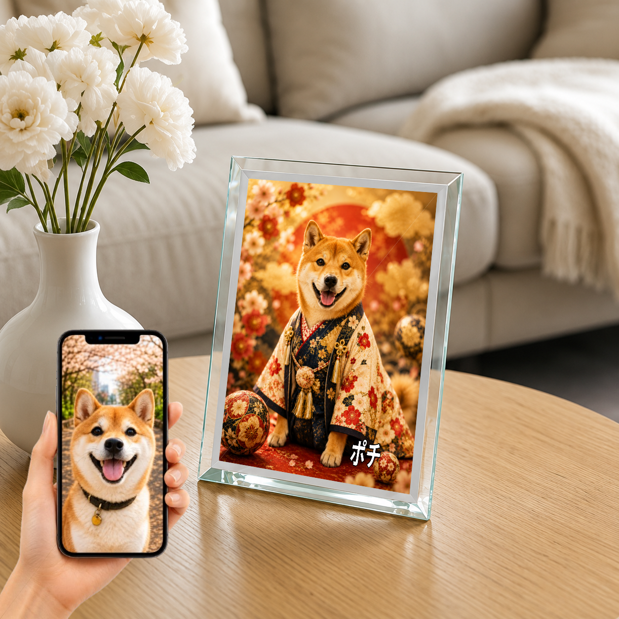 愛犬 写真入り 名入れ ガラスフォトパネル 豪華和装 月夜金彩 うちの子アート