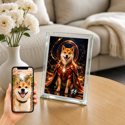 愛犬 写真入り 名入れ ガラスフォトパネル パワードスーツ ヒーロー犬