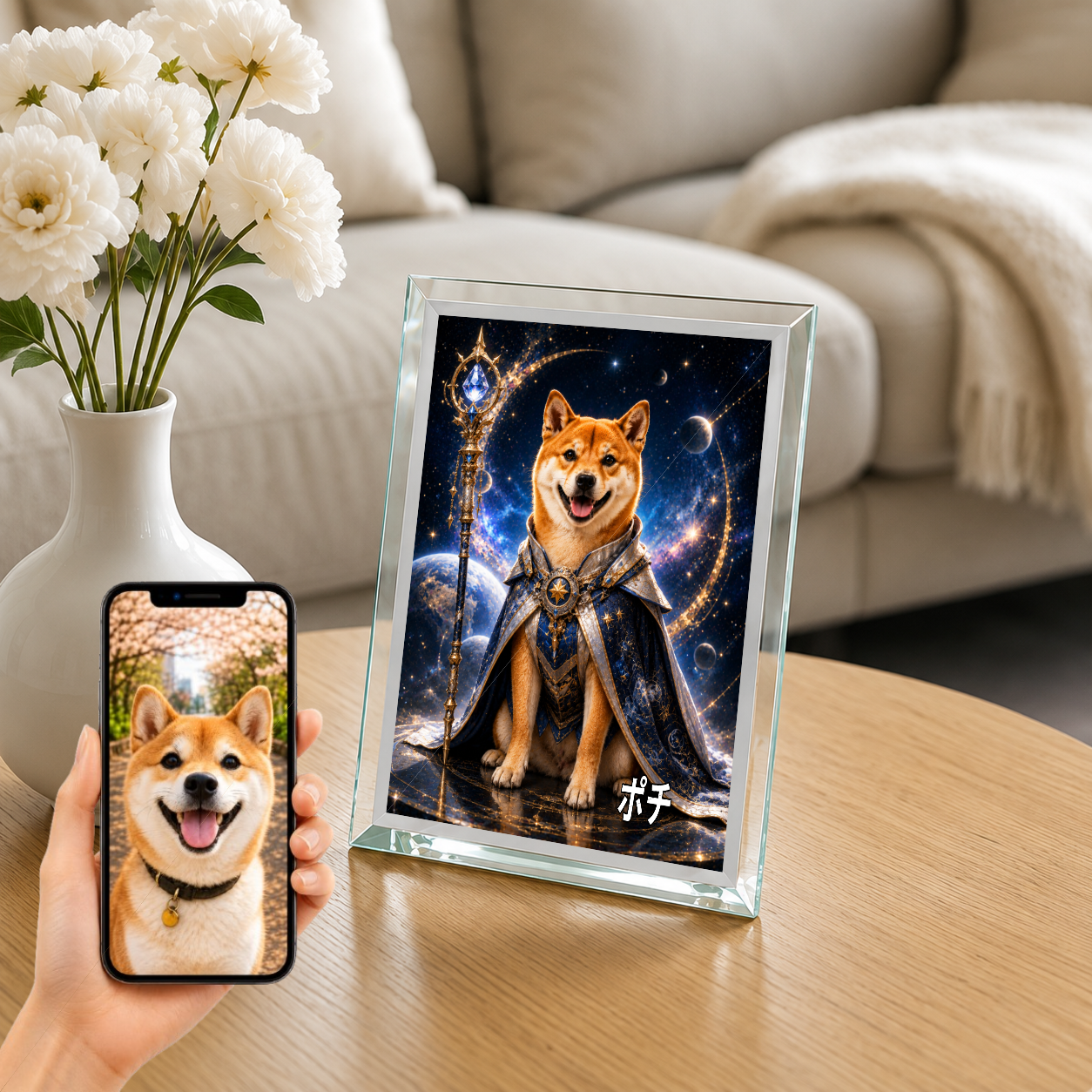 愛犬 写真入り 名入れ ガラスフォトパネル 銀河スペースナイト犬