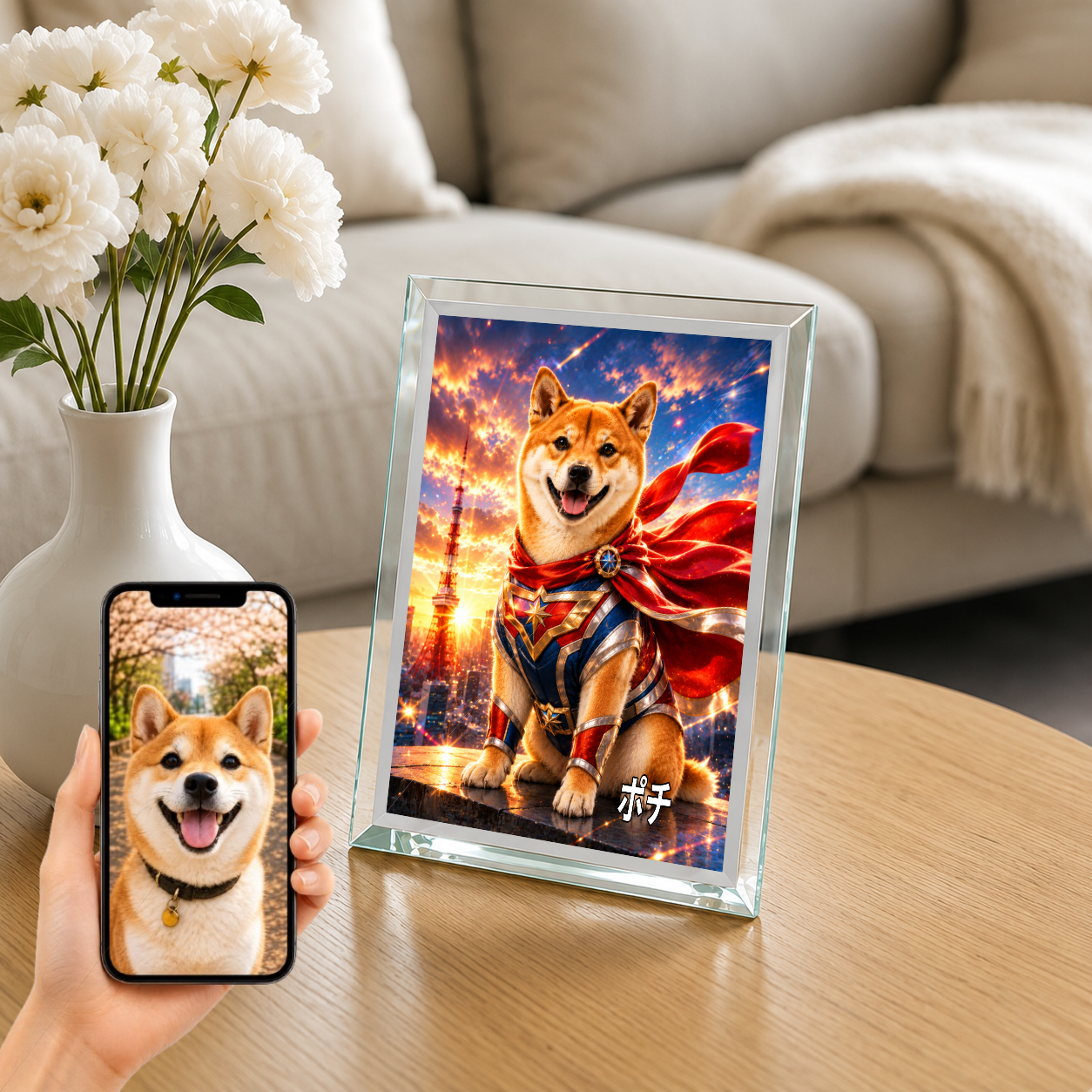 愛犬 写真入り 名入れ ガラスフォトパネル 特撮ヒーロー風 うちの子