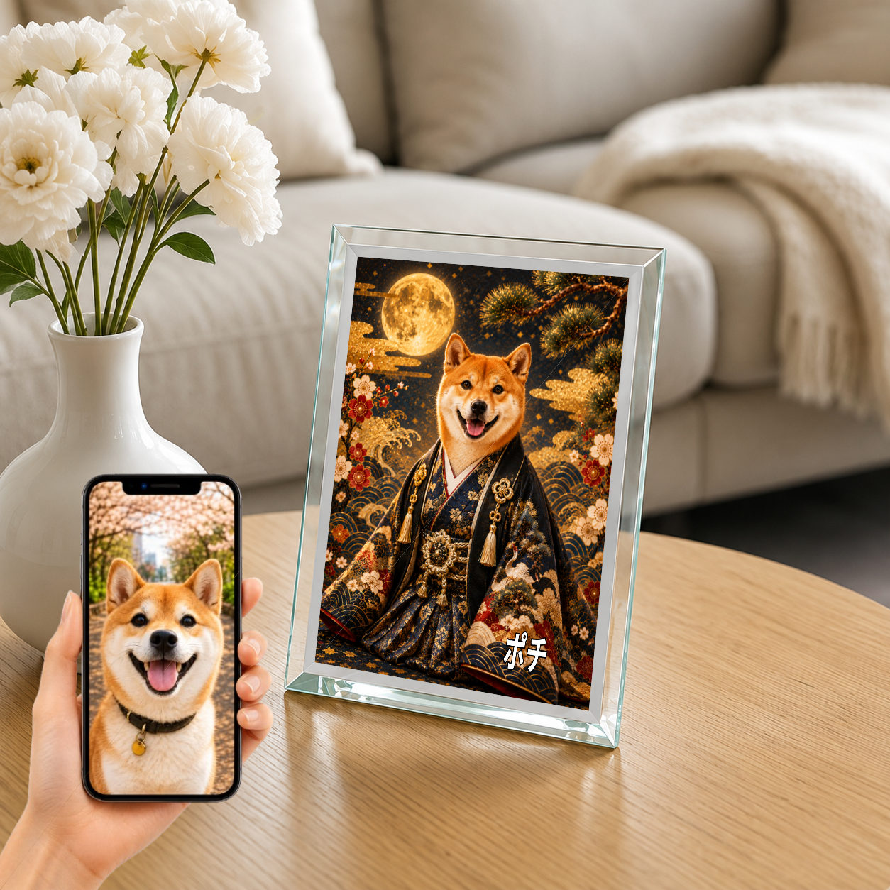愛犬 写真入り 名入れ ガラスフォトパネル 晴れ着 金屏風 うちの子ギフト