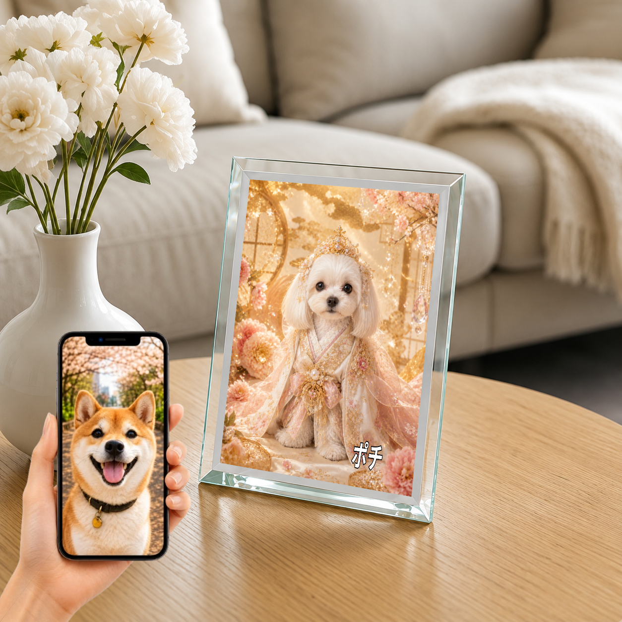 愛犬 写真入り 名入れ ガラスフォトパネル 姫さま犬 プリンセス風