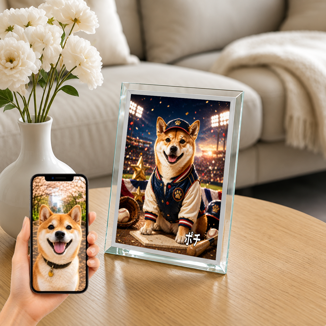 愛犬 写真入り 名入れ ガラスフォトパネル 野球スター犬 スポーツアート