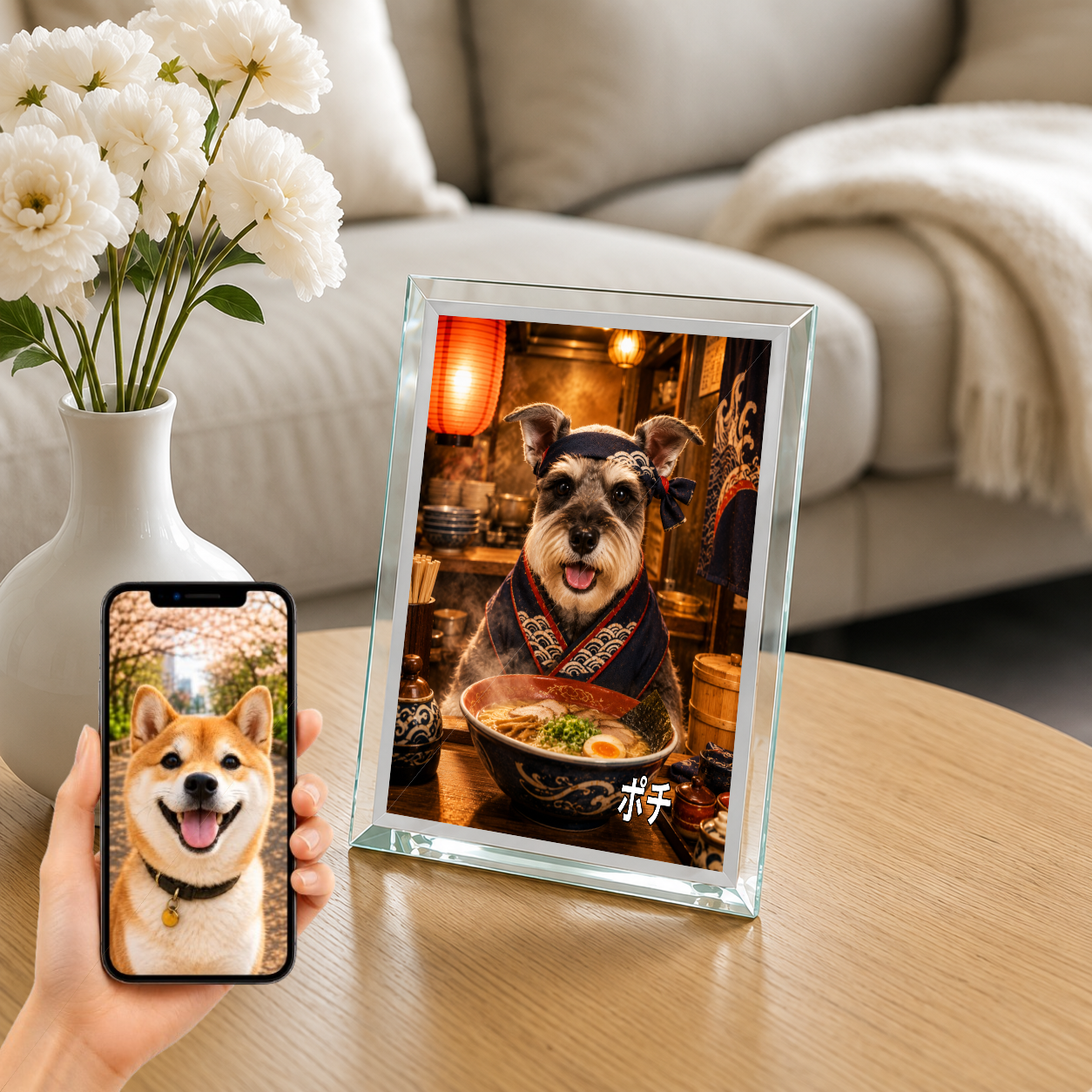 愛犬 写真入り 名入れ ガラスフォトパネル ラーメン職人犬