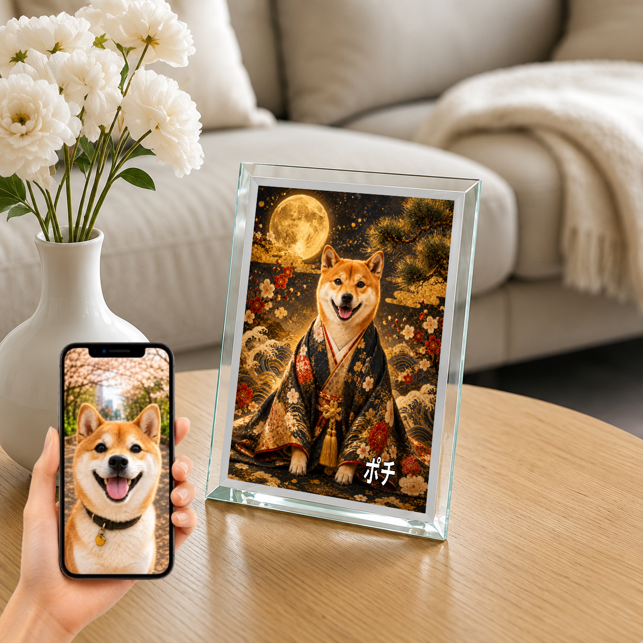 愛犬 写真入り 名入れ ガラスフォトパネル 侍風 黒紺金彩 うちの子アート
