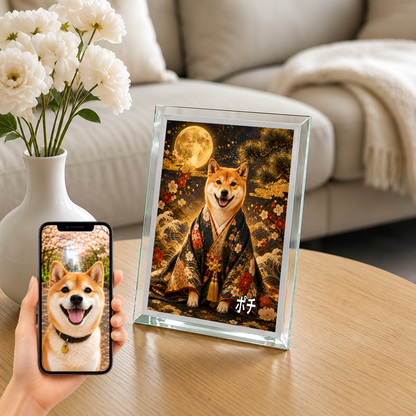 愛犬 写真入り 名入れ ガラスフォトパネル 侍風 黒紺金彩 うちの子アート