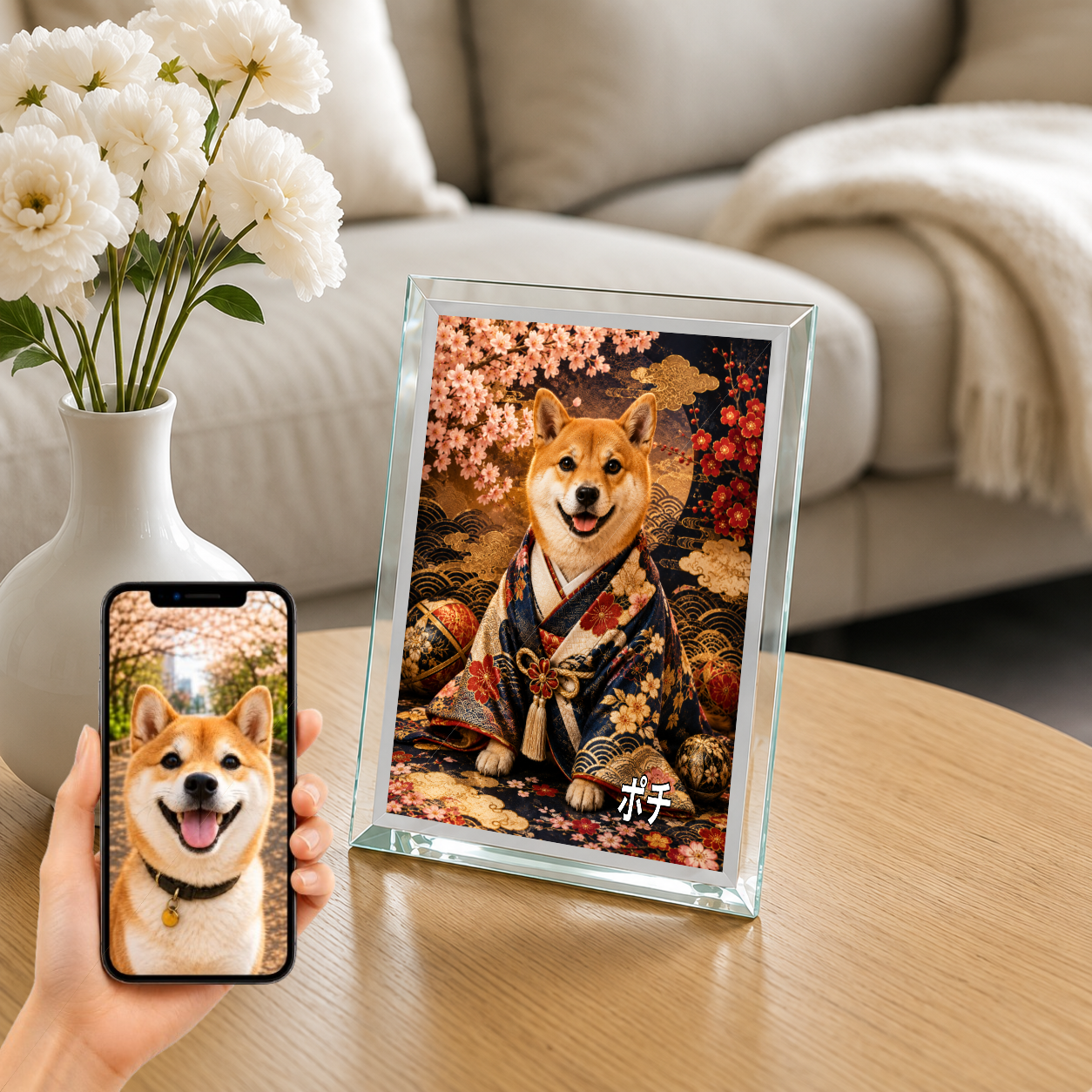 愛犬 写真入り 名入れ ガラスフォトパネル 豪華和装犬 高級うちの子アート