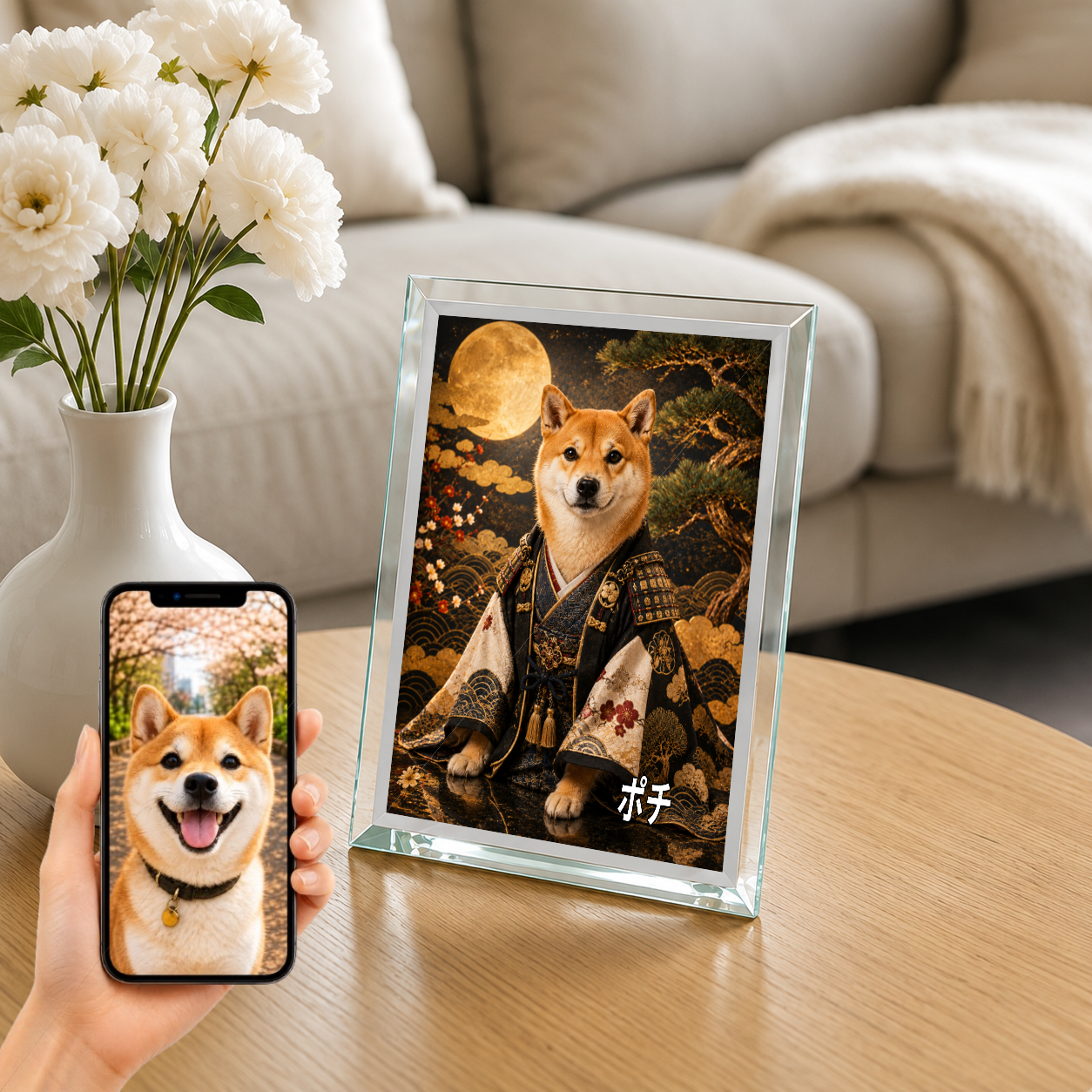 愛犬 写真入り 名入れ ガラスフォトパネル 侍犬 サムライ風アート