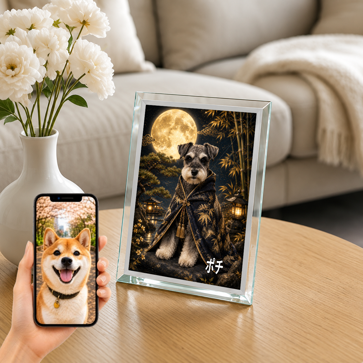 愛犬 写真入り 名入れ ガラスフォトパネル 月夜の守り犬 幻想和風