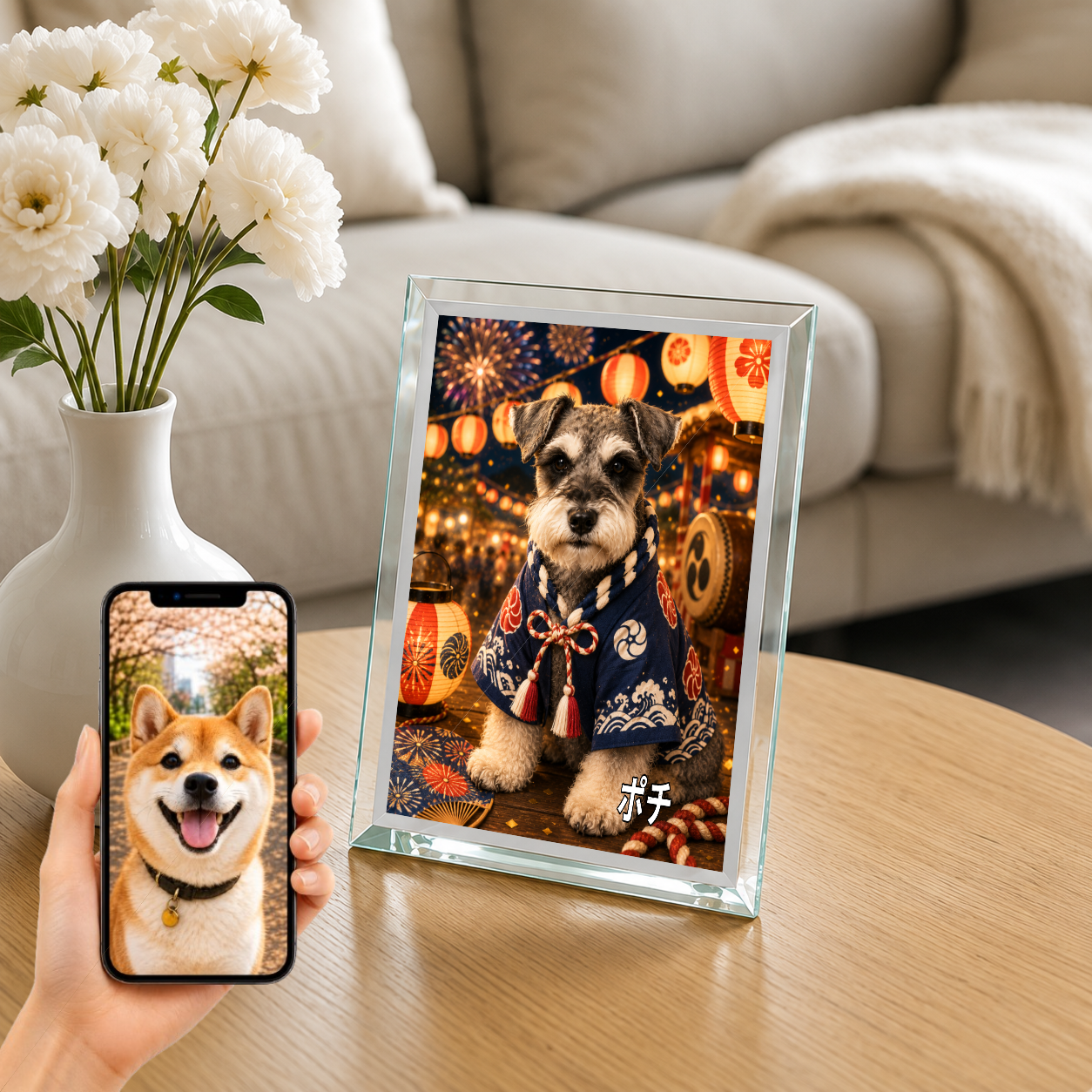 愛犬 写真入り 名入れ ガラスフォトパネル 夏祭り犬 浴衣風アート