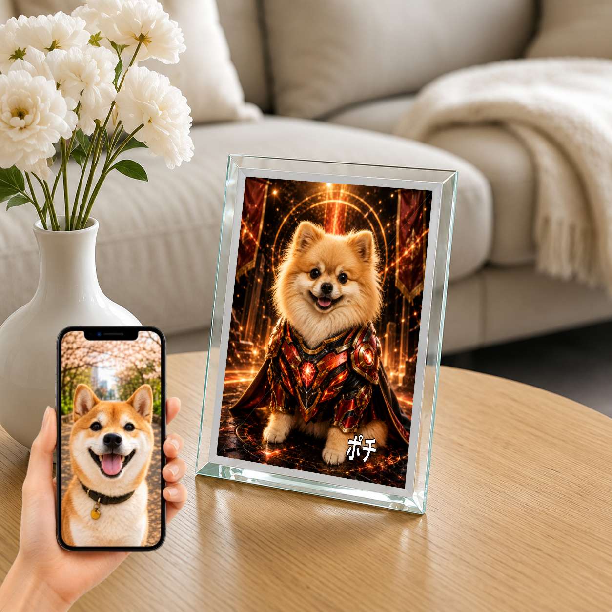 愛犬 写真入り 名入れ ガラスフォトパネル パワードスーツヒーロー犬