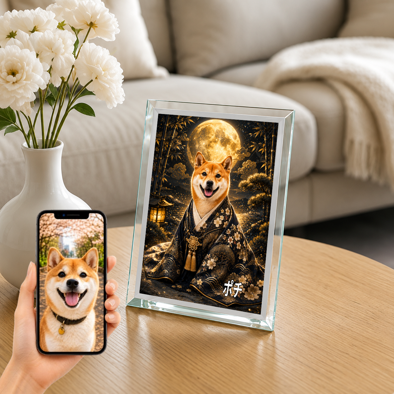愛犬 写真入り 名入れ ガラスフォトパネル 月夜の守り犬 和風アート