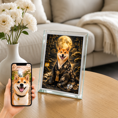 愛犬 写真入り 名入れ ガラスフォトパネル 月夜の守り犬 和風アート