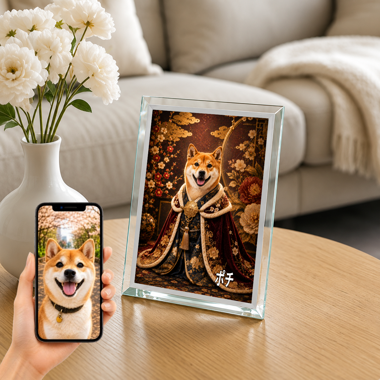 愛犬 写真入り 名入れ ガラスフォトパネル 王族ポートレート 和洋ミックス