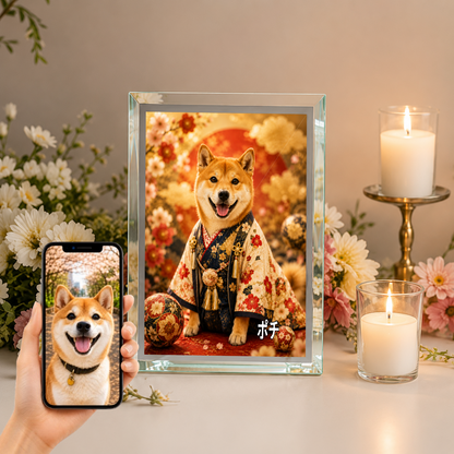 愛犬 写真入り 名入れ ガラスフォトパネル 豪華和装 月夜金彩 うちの子アート