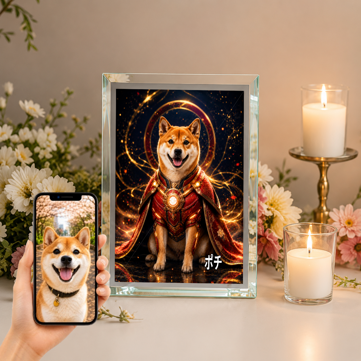 愛犬 写真入り 名入れ ガラスフォトパネル パワードスーツ ヒーロー犬