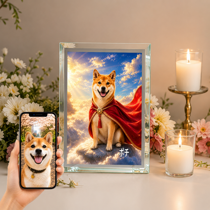 愛犬 写真入り 名入れ ガラスフォトパネル 赤マント ヒーロー犬 うちの子