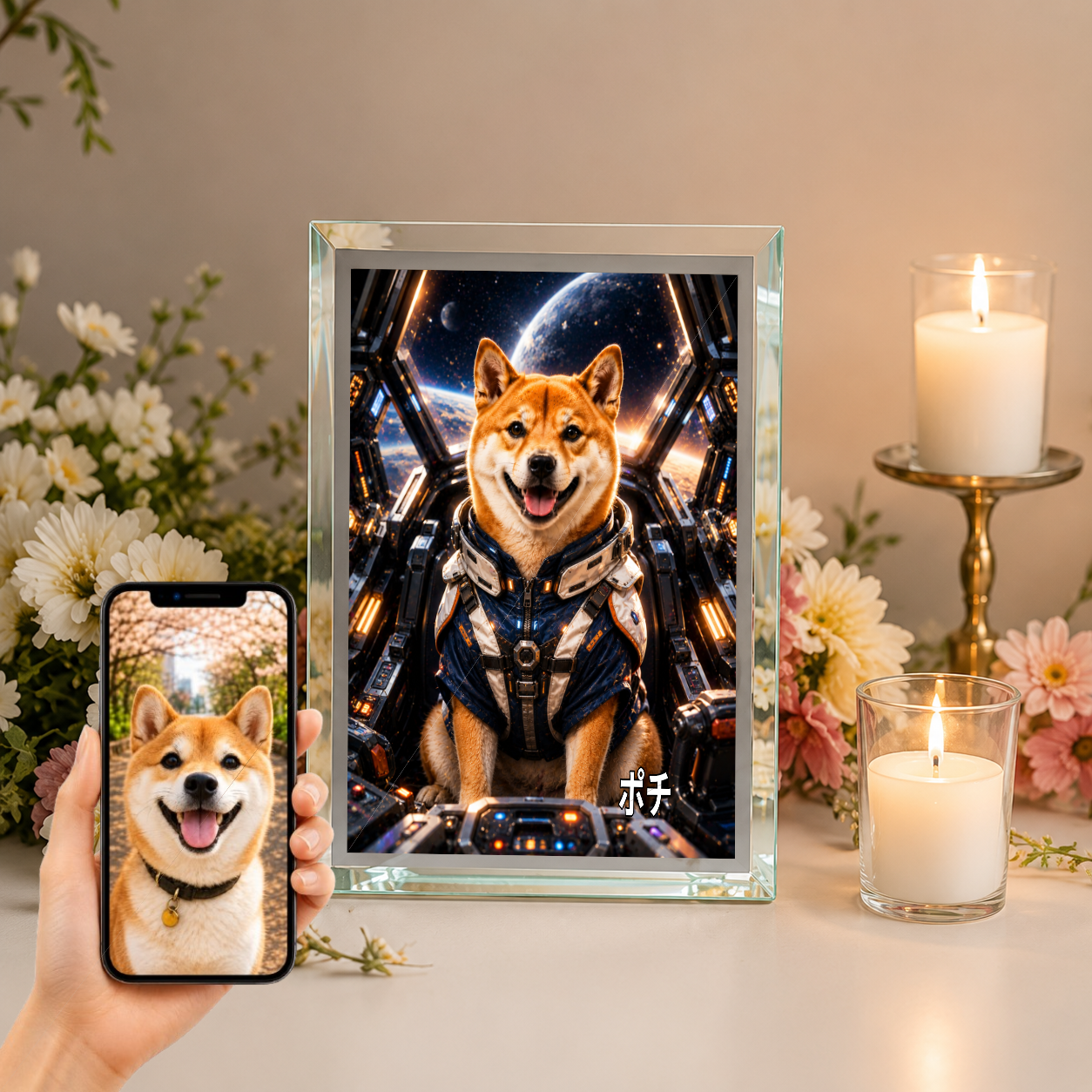 愛犬 写真入り 名入れ ガラスフォトパネル メカパイロット犬 SFアート