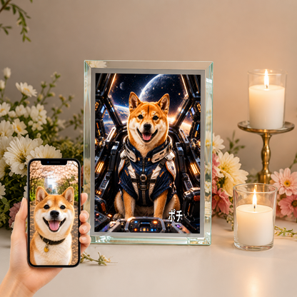 愛犬 写真入り 名入れ ガラスフォトパネル メカパイロット犬 SFアート