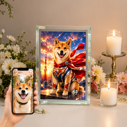 愛犬 写真入り 名入れ ガラスフォトパネル 特撮ヒーロー風 うちの子