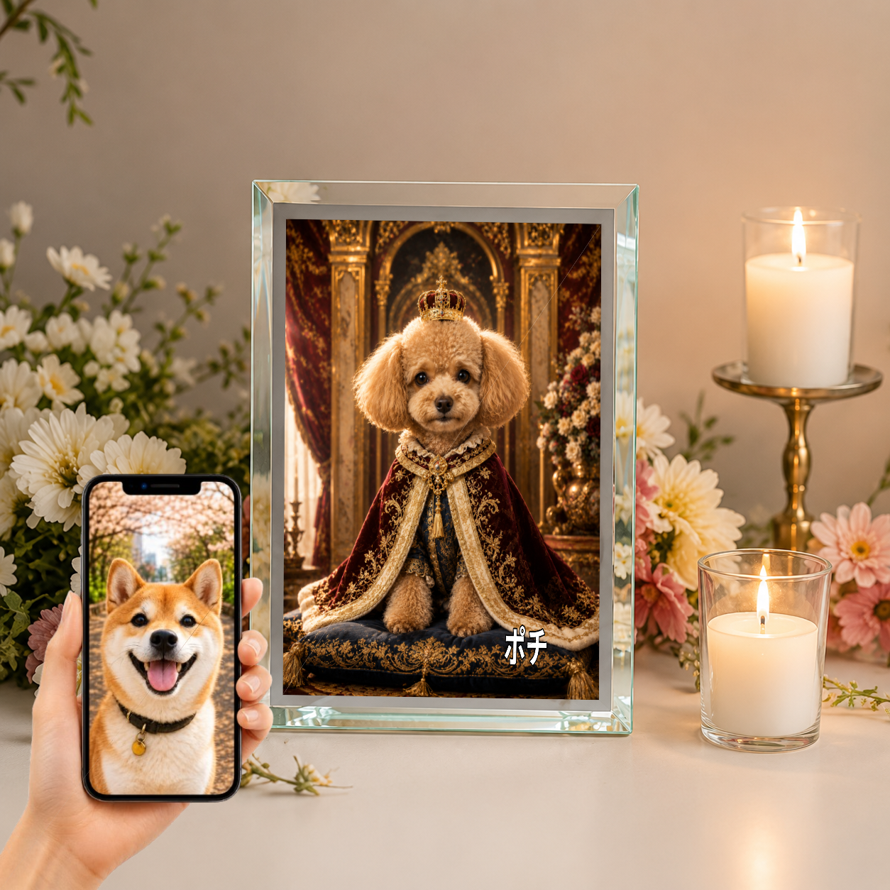 愛犬 写真入り 名入れ ガラスフォトパネル 王様マント犬 ロイヤルアート