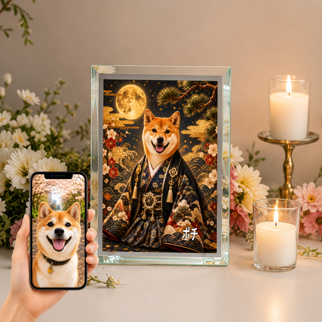 愛犬 写真入り 名入れ ガラスフォトパネル 晴れ着 金屏風 うちの子ギフト