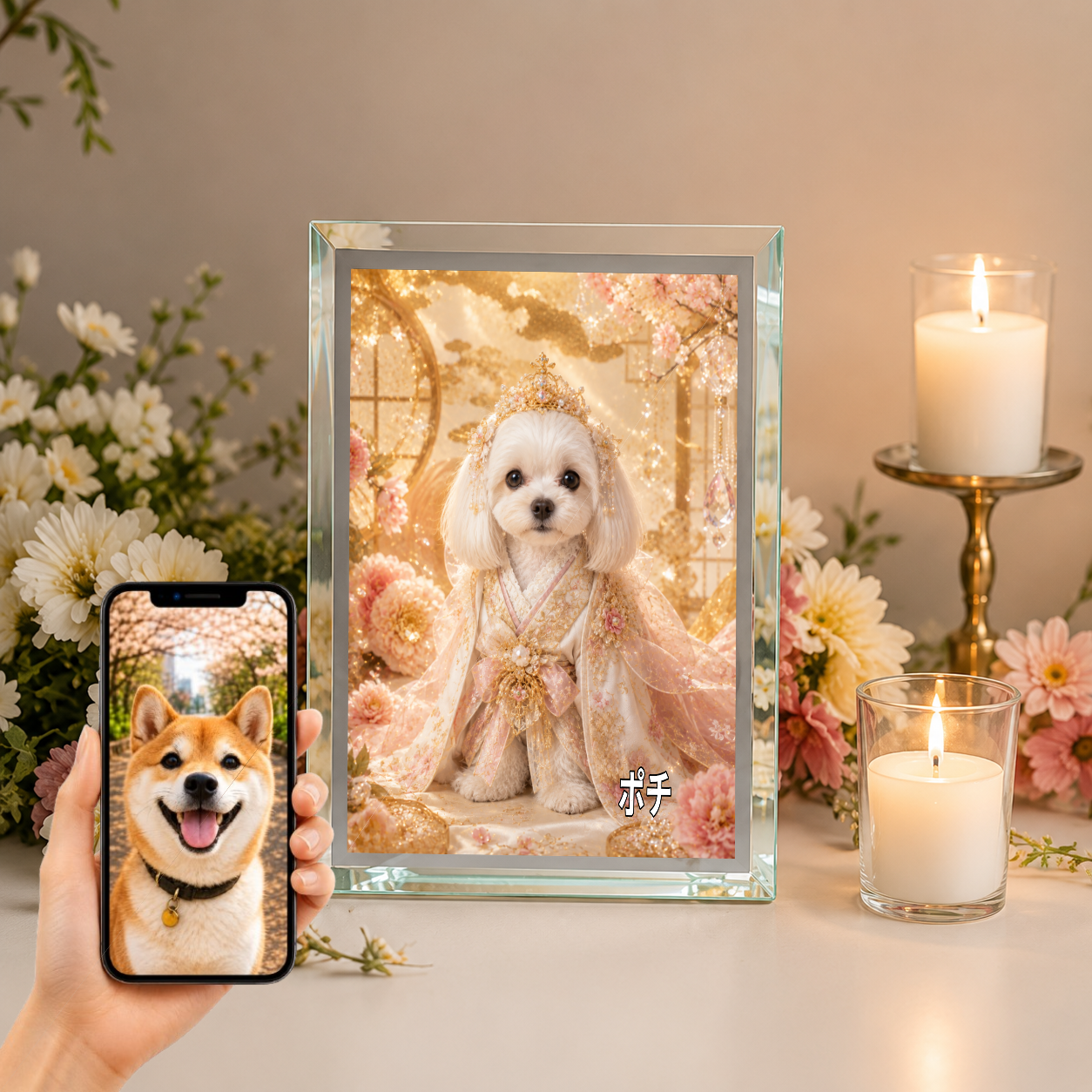 愛犬 写真入り 名入れ ガラスフォトパネル 姫さま犬 プリンセス風