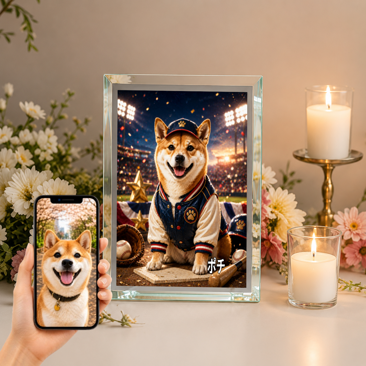 愛犬 写真入り 名入れ ガラスフォトパネル 野球スター犬 スポーツアート