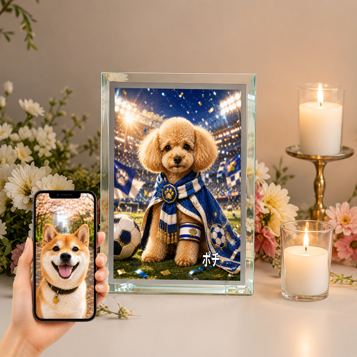 愛犬 写真入り 名入れ ガラスフォトパネル サッカーキャプテン犬
